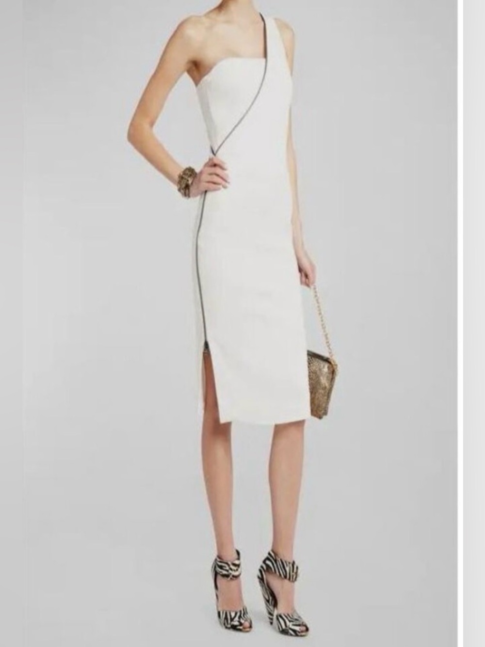 Tom Ford One-Shoulder White Sheath Dress with Contrast Piping